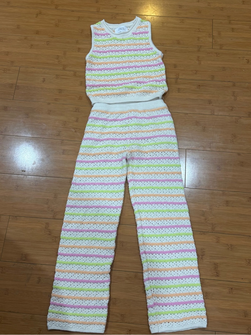 Zara Kids Crochet Stripe  Set - White with Pink, Green & Peach Stripes